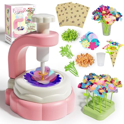 ZUPAPJO DIY Blumen Bastelset Kinder, Basteln Mädchen 4 5 6 7 8 9 Jahre, DIY Blumengarten Spielzeug mit Blumenmaschine, Stoff Blumen Bastel Set für Geburtstag Weihnachten