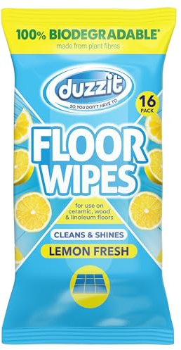 Duzzit Floor Wipes - Cleans & Shines | 100% Biodegradable - Made From Plant Fibres | For Ceramic, Wood and Linoleum Floors (16 Biodegradable Wipes, Lemon)