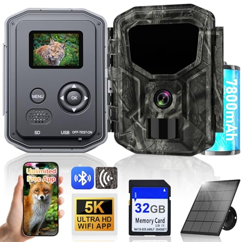 5KB Wildkamera Solar, 5K/64MP HD Wildkamera WLAN mit Handyübertragung App | Wiederaufladbare 7800mAh Akku, Infrarot Wildtierkamera mit 32G SD Karte & Solarpanel, Bewegungssensor, Nachtsicht, IP66