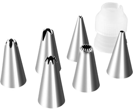 Lkvent Cake 7-Piece Stainless Steel Piping Tip Set (6 Tips + 1 Piping Tip) Home Baking Essential Kit with Flower Squeezer Nozzles for Cupcake Cake Decorating Functional