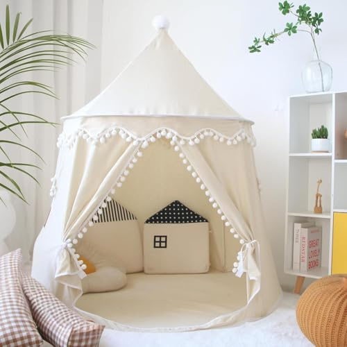 Kids Play Tent - Breathable Cotton & Hemp Teepee Tent for Boys & Girls, Sturdy Children’s Play Tent with Star Light,Fiberglass Poles,Carry Bag Gift for Kids(Beige Castle)