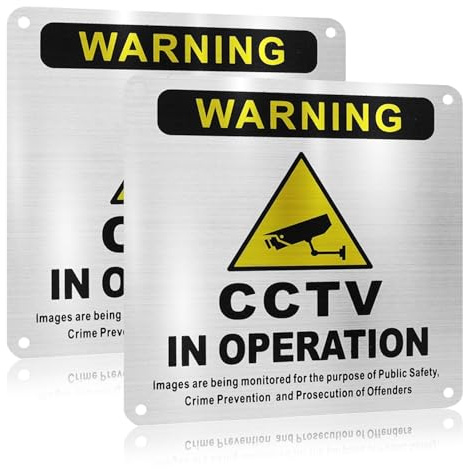 2 Pack CCTV in Operation Sign, 15 x 15cm Security Camera Warning Stickers, Self Adhesive Aluminum CCTV Signs for Store, Home, Office, Warehouse