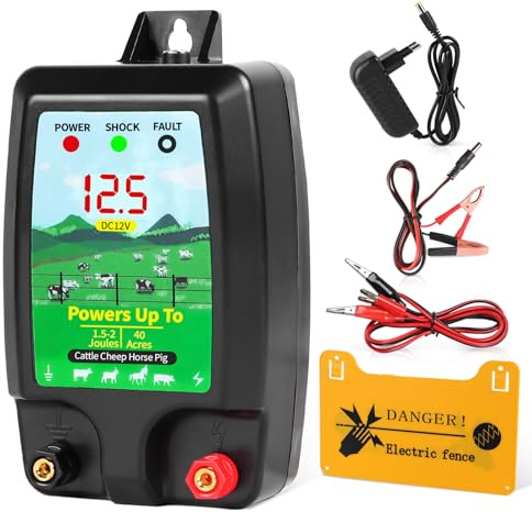 SWAWIS Weidezaungerät 12V mit LED Anzeige Elektrozaun 10km Reichweite Weidezaun für Hunde Hühner Pferde Ochse Schaf Schwein Geflügel,Vieh,Steuergerät zum Schutz von Gärten,Schwarz