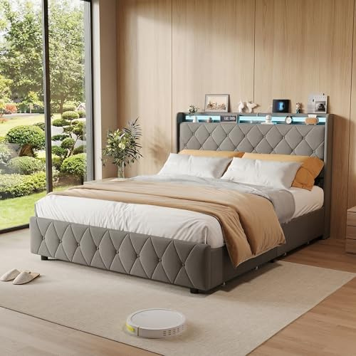 SUNFECILI Schubladenbett 140 x 200 cm mit LED und USB, Polsterbett Einzelbett mit 4 Schubladen, Kopfteil mit Stauraum, Stauraumbett mit Lattenrost, Flanellstoff