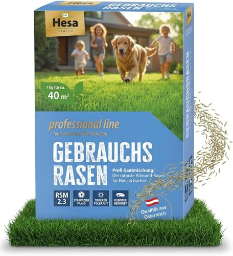 Hesa Professional Line Graines de gazon d'utilité 1 kg pour 40 m² RSM 2.3 Graines de gazon à germination rapide pour gazon de sport et de jeu, graines d'herbe résistantes et robustes de qualité