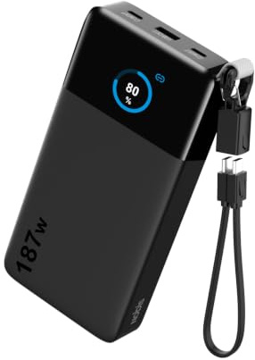 NOBIS Batterie Externe 25000mAh 187W, Chargeur 3 Ports avec Charge Rapide | Câble C-C Détachable et Écran TFT, Bloc de Voyage Compatible iPhone 17/16/Tablettes et Plus