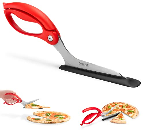 Dreamfarm SCIZZA Pizza Schere Rot, Edelstahl Pizzaschneider groß mit Nylon-Auflage, Pizzaschere spülmaschinenfest, Küchenschere für Pizzen und Fladenbrot