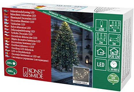 Konstsmide LED Sternenlametta, 10 Stränge à 20 Dioden, 200 warm weiße Dioden, 12V Innentrafo, kupferfarbener Draht - 6371-160
