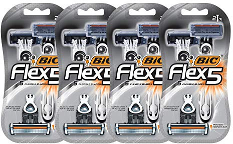 BIC Flex 5 Männer Disposable-Rasierer, 8er Pack (4x2 Rasierer), Kunststoff, Klassisch, Blau, Schwenkkopf, Ausgleichskugel, Feuchtigkeitsspendender Streifen mit Aloe Vera und Vitamin E