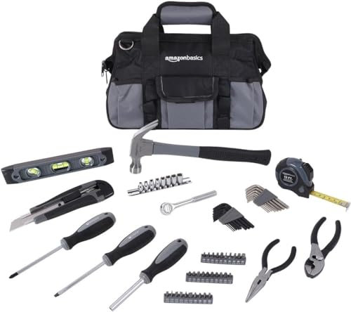 Amazon Basics Kit d'outils de réparation de base pour la maison, 65 pièces, avec sac de rangement (argenté, noir)