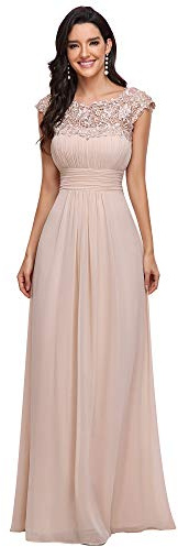 Ever-Pretty Plus Vestidos de Fiesta Cuello Redondo Encaje Gasa Corte Imperio A-línea Talla Grande para Mujer Sonrojo 42