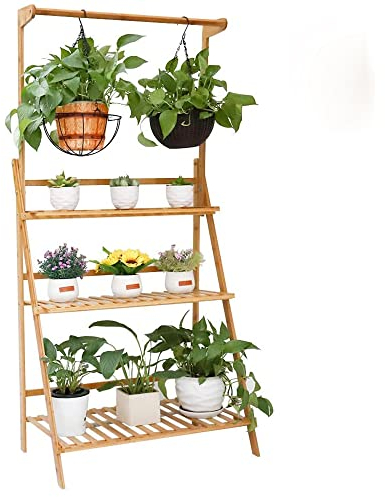 unho 3 Tier Plant Shelf Stand Hanging Bamboo Plant Stand Display Shelf Flower Pot Organizer Folding Storage Shelf Rack 70CM