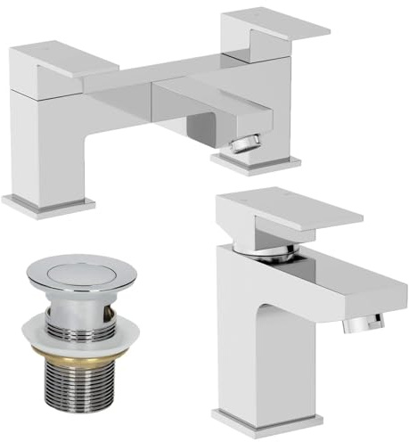 Architeckt® Ibbardo Bathroom Bath Filler Mixer Tap and Basin Tap with Waste Set Deck Mounted Square Twin Lever Handle Modern, Chrome