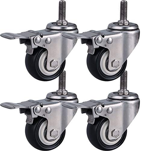 Gewinde M8 / M10 / M12 Lenkrollen für Möbel 1,5/ 2 (50 mm) Edelstahl 304 Halterung Schwerlastrollen 300kg Leise PU mit Bremse kleine Rollen für Tisch Schreibtisch Wagen Kinderbett 4 Stück