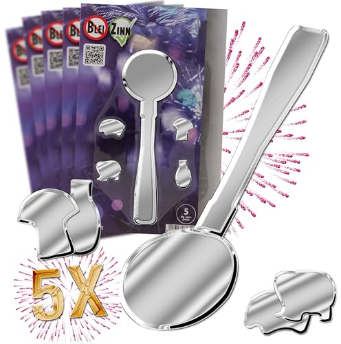 XXL Zinngießen Set Silvester - 5 Löffel, 20 Figuren | Bis 5 Personen für Familie Erwachsene Kinder | Viele Formen, absolut ungiftig als ideale Alternative zu Blei-Gieß Bleigießen Wachsgießen Set