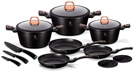 Berlinger Haus Black Rose Batería Inducción, Antiadherente Mármol sin PFOA, Aluminio, Set 3 Cazuelas/3 Tapas Cristal/3 Sartenes/3 Cuchillos/2 Salvamanteles, Vitrocerámica, Negro Mate (BH-7187)