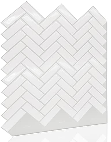 WALPLUS 24pcs 28x20.3cm White Herringbone Glossy 3D Sticker Tile Wall Covering Panelling Decorative Art Splashback for Kitchen Bathroom Paint Stick on Tiles Bedroom Living Room Decors