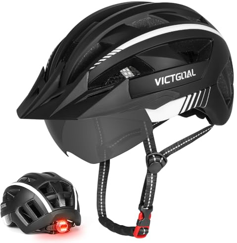 Bike Helmet for Men Women with Rear LED Light, Visor and Magnetic Goggles