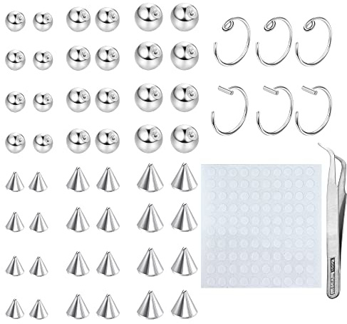 TEN MIRO Fake Eyebrow Ring Fake Lip Labret Studs Replacement Balls Spike with 100Pcs Sticker Non-Piercing Nose Rings Hoop Body Jewelry Skin 3MM 4MM 5MM(Silver)