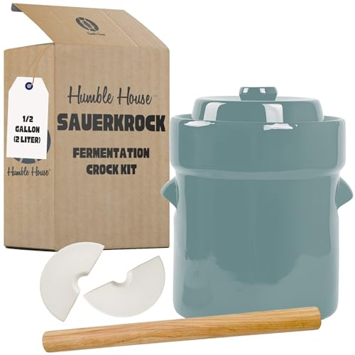 Humble House Fermentation Crock 1/2 Gallon Sauerkrock Sauerkraut Crock with Lid Weights & Pounder - Green Ceramic Fermenting Crock Kit for Pickling Cabbage Kimchi Vegetables 2 Liter Fermentation Jar