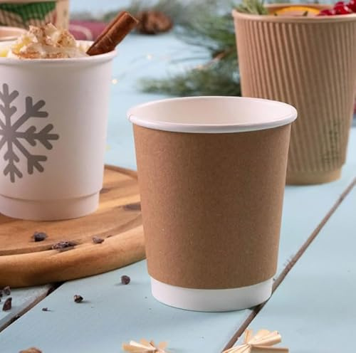 HOT BARGAINS, 100 x 8 oz Brown Double Wall Insulated Disposable Coffee Cups - Kraft Paper Cups for Chocolate Tea, Espresso, and Cold Drinks and Eco-Friendly Hot Cup