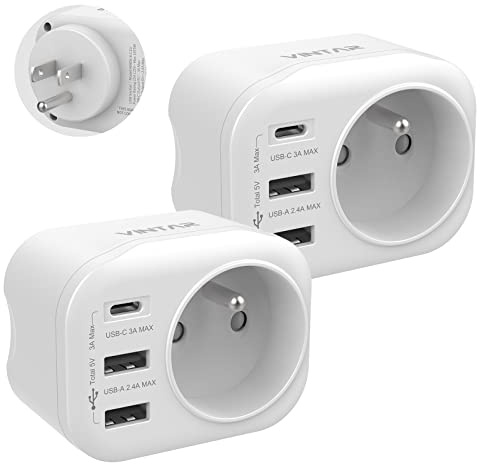 VINTAR 2PC Adaptateur Prise Americaine USA Canada Française Adaptateur de Voyage avec 2 USB-A et 1 USB-C 3A, Adaptateur Prise France vers USA Canada Mexique Thaïlande, Type B