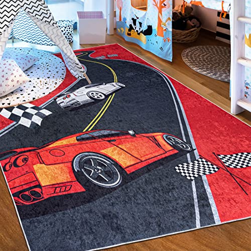 Mazovia Spielteppich Kinderzimmer 120x170cm Rot Straßen Pflegeleicht | Kinderteppich für Schlafzimmer Spielzimmer Jungen Maschinenwaschbar Rutschfest Allergikerfreundlich Wetterfest Kurzflor