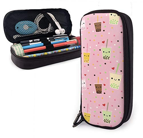 YINGD Pink Happy Bubble Tea Federmäppchen, große Kapazität, Stift-Aufbewahrungstasche, Halter, Box, Leder, Schreibwaren-Organizer mit Reißverschluss, Farbe