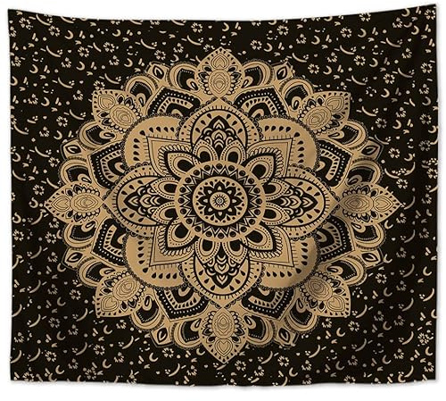 MT Majami Wandbehang Mandala indisch 200 x 150 cm Schwarz Gold Polyester Wandtuch Wandteppich Tapisserie Hippie Retro