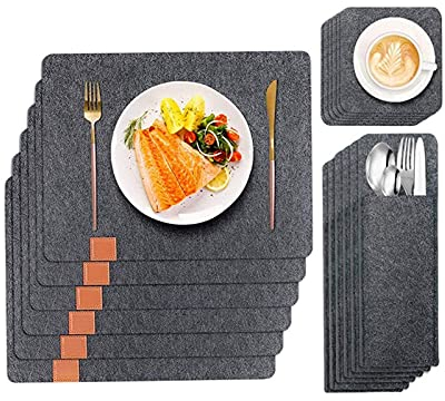 Tischsets für Küchentisch, 6er-Set, Tischsets für Küchentisch mit Untersetzern und Bestecktaschen, schmutzabweisend, hitzebeständig, rutschfest für Esstisch, 18 Stück, Dunkelgrau (Dark Grey)