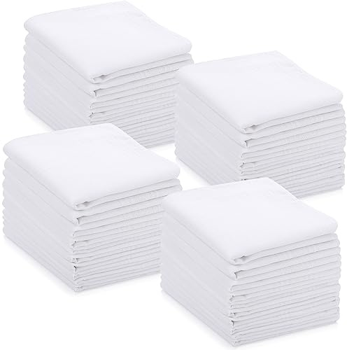 Preboun 100 Pcs Solid White Cotton Handkerchiefs Bulk for Men 15 x 15 Inch Pocket Square Men's Handkerchiefs with Stripe Soft Large Classic Hankies for Wedding Father's Day Gift