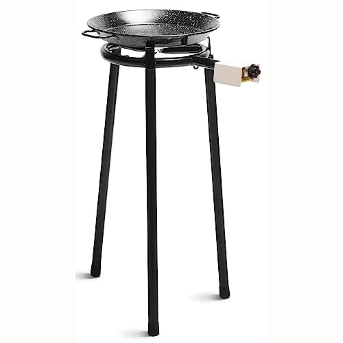 briebe Set Paellero de Gas 30cm + Paellera Acero Esmaltado 38cm 8 Raciones + Soporte 3 Patas L1 Trípode Robusto Aguanta hasta 60 KG, Kit Paella
