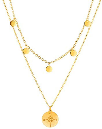 Kim Johanson® Edelstahl Damen Multi Layer Halsketten *Coin & Compass* in Silber, Gold & Roségold | Mit 5 Plättchen | Boho Schmuck für Frauen | Kreise Kette | Wasserfest | Verstellbar