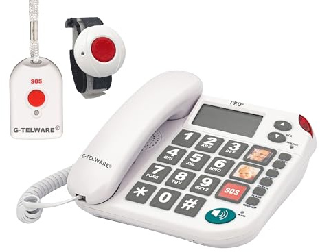 PRO+ (G-TELWARE®) 2023–2024 modell hus nödsamtal seniortelefon med trådlös sändare, fast telefon – 1 armbandssändare + 1 handhållen sändare med slinga, satingrå, PRO+