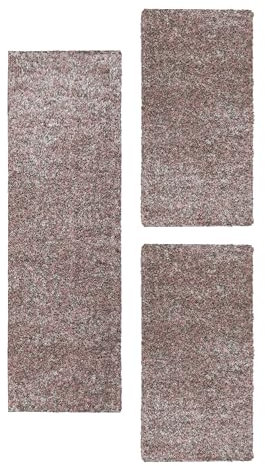Hochflor Teppich Bettumrandung Melierte Optik Läufer Set 3-Teilig Läufer Set, Rosa-2, 2 St. 60x110 cm | 1 St. 80x250 cm