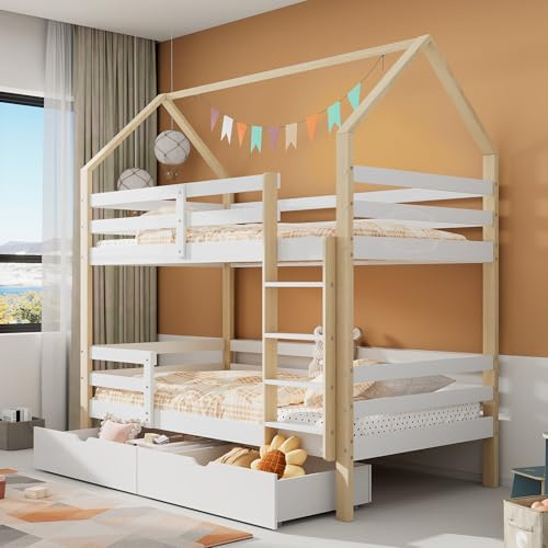Etagenbett 90x200 mit 2 Schubladen und Leiter, Kinderbett Hochbett für 2 Kinder, Hausbett mit Fallschutzgitter und Lattenrost, Holzbett Stockbett Jugendbett Funktionsbett, Kiefernholz, Weiß+Natur