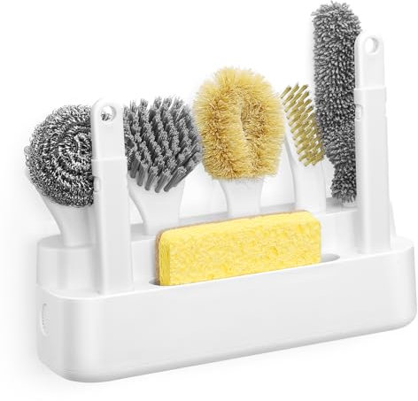 Dish Brush Set of 6 with Holder for Scrubing Pots Pans Bowls Bottles Sinks Grills Kitchen Counters Microwaves, Organize in 1 and Easy Storage, Exchangable handle, Draining Design