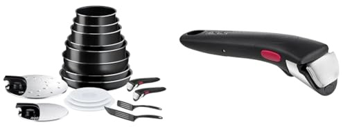 Tefal Ingenio Batterie de cuisine 17 p, Poêles, Casseroles, Wok, Sauteuse, Non induction, Revêtement & Ingenio Poignée amovible noire, Empilable, Verrouillage sécurité 3 points