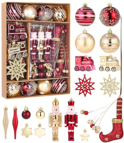 SOBEAU Boules de Noël Incassables - 50 Pièces pour Décoration Sapin avec Fil de Suspension - Rouge et Or pour la Décoration des Fêtes