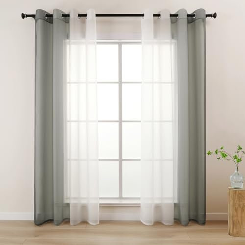 L.Z.E Grey White Voile Curtains for Living Room, Light Gray Ombre Sheer Curtains & Drapes for Bedroom Kitchen Bay Windows, Transparent, 96 Inch Drop 255 cm Long Colour Gradient with Eyelet