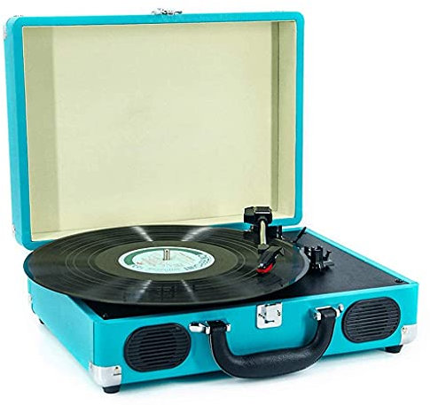 HAVVMK Tocadiscos fonográfico, Tocadiscos Bluetooth de 3 velocidades, Tocadiscos de Vinilo, Altavoces estéreo Integrados, Entrada Auxiliar/USB, Conector y Salida para Auriculares, Maleta
