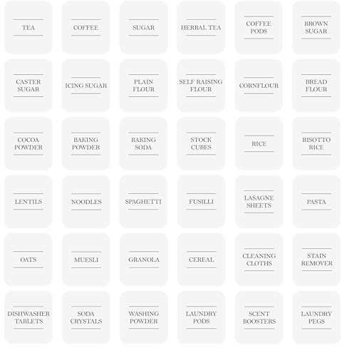 Argon Tableware 36x Storage Jar Labels - White - Pre-Printed Sticky Adhesive Kitchen Pantry Glass Food Spice Jam Bottle Container Stickers