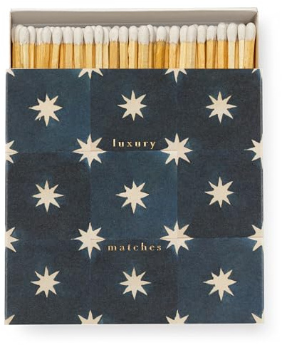 Luxury Matches, Giant Matchbox, Navy Star Tile Match Box Gift, Blue Stars Matchbox, XL Long Matches, Candles Gift, Extra Long Matches, Coloured Tips Matches, Festive Matches