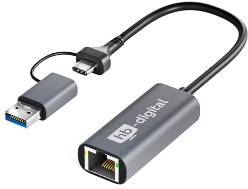 hb-digital USB-C auf Ethernet Adapter RJ45-Anschluss Gigabit LAN Netzwerkadapter Aluminiumgehäuse unterstützt 1000 Mbps 1Gbps USB 3.0 kompatibel inkl. USBA Adapter Datenkabel Netzwerkkabel