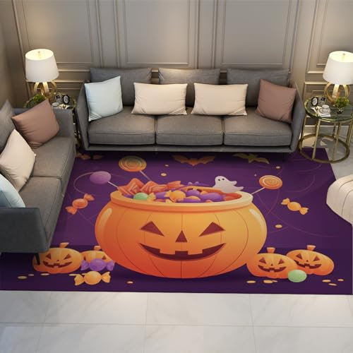 LANDERSION Lila Bereich Teppich Halloween Thema Großer Teppich Kreativer Kürbis Teppich Weicher niedrigfloriger waschbarer dünner Fußabtreter für Wohnzimmer Terrasse 150x210cm