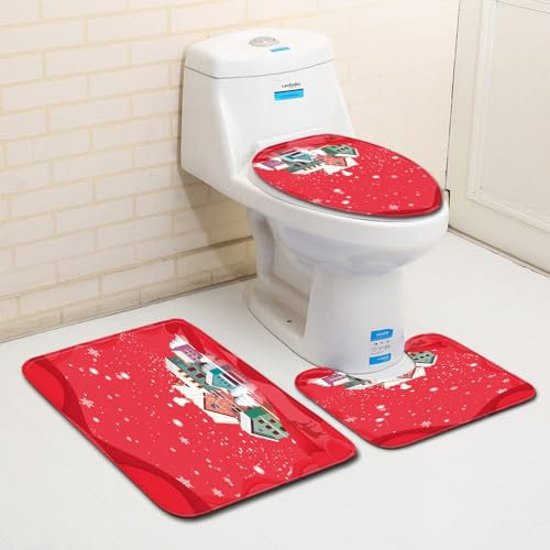 Bad Teppiche Set Weihnachten Rotes Haus Badezimmerteppich Waschbar WC Vorleger mit Ausschnitt und WC Deckelbezug 3 Teilig Badematte rutschfest Toilettensitzbezug Badgarnitur 45x75 cm