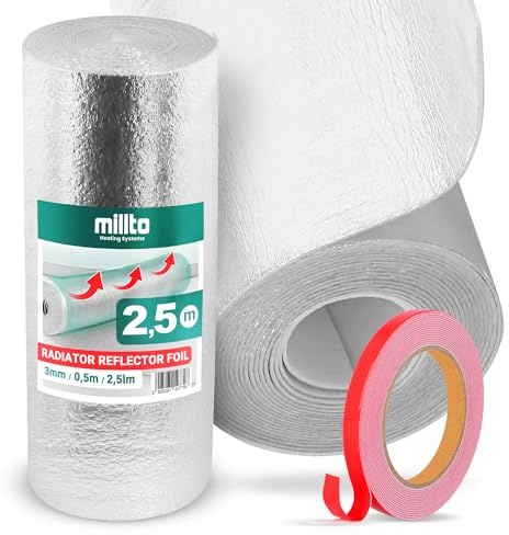 Heizkörper Reflexionsfolie 2,5m x 0,5m x 3mm | Selbstklebend Alufolie Isoliermatte Dämmung Isolierfolie Thermomatte Thermofolie Heizung Isolierung Wand Dämmfolie Wandisolierung Doppelklebeband