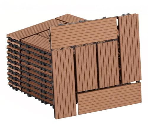 Fiqops 33 Stück WPC Terrassenfliesen, 30x30 cm Balkon Bodenfliese,WPC Fliesen mit Klick-System,Balkonfliesen in Holzoptik,Terrassendielen Wasserfest für Terrasse,für 3m²,Braun