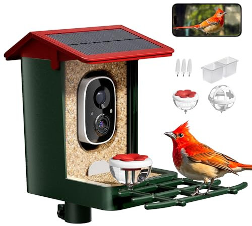 Smart Bird Feeder with Camera Solar Powered, 2K HD Video, AI Bird Species Identification, Instant Arrival Alerts, Weatherproof Design for Effortless Birdwatching, Best Gift for BirdLovers, Red