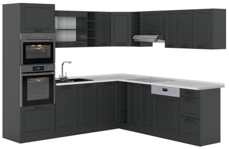 Vicco Eckküche R-Line, Anthrazit Landhaus, 247 x 60 cm, AP Marmor, für Variable Küchenplanung und modulare Erweiterung